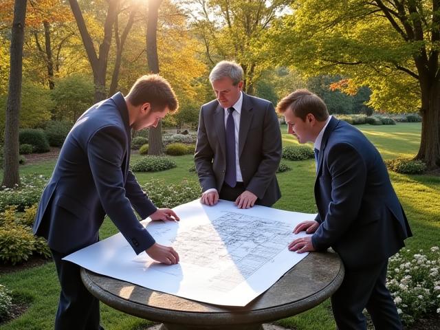 Small team of landscape architects reviewing a large detailed blueprint on site, surrounded by mature trees in St Marys PA.