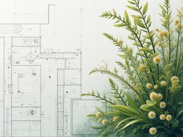 Architectural drawing overlayed with lush green botanical illustration, representing the blend of expertise and art.