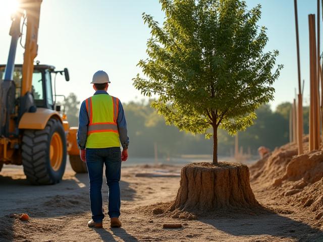 Project manager in a hard hat overseeing the careful installation of a large specimen tree using specialized equipment.