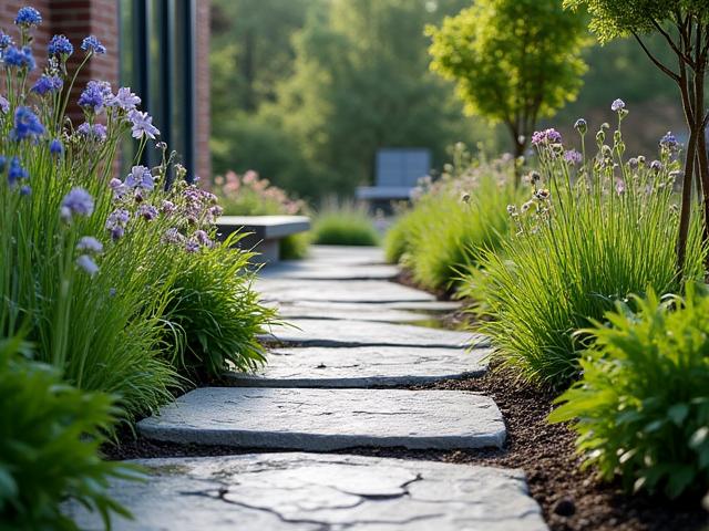Beautifully designed native plant rain garden absorbing stormwater, showcasing sustainable landscape design.