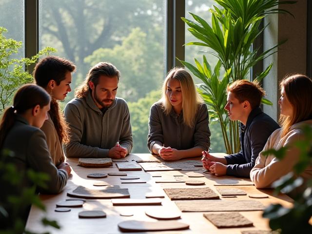 Collaborative photo of the Phytomorivaxlendra design team reviewing samples in a sunlit studio.