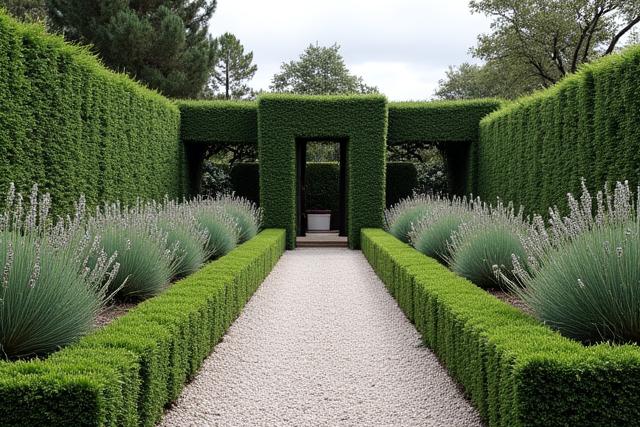 A highly structured formal garden featuring rows of drought-tolerant Mediterranean lavender and boxwood alternatives, maintaining geometric precision.