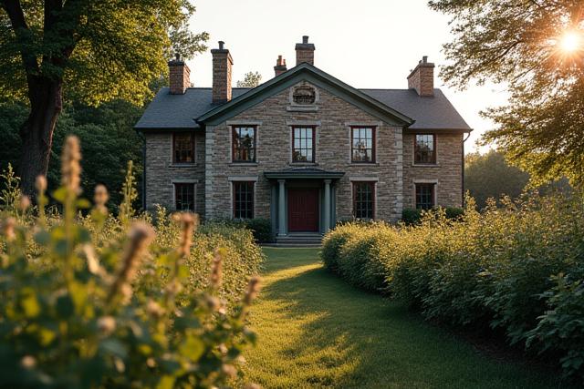 A traditional Pennsylvania stone farmhouse surrounded by updated, drought-tolerant borders that respect the property's historic aesthetic.