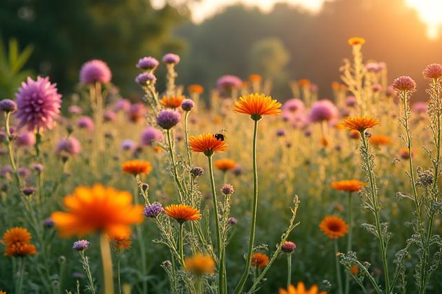 A contemporary native meadow design showing various heights of perennial native flowers and grasses in full summer bloom, attracting pollinators.