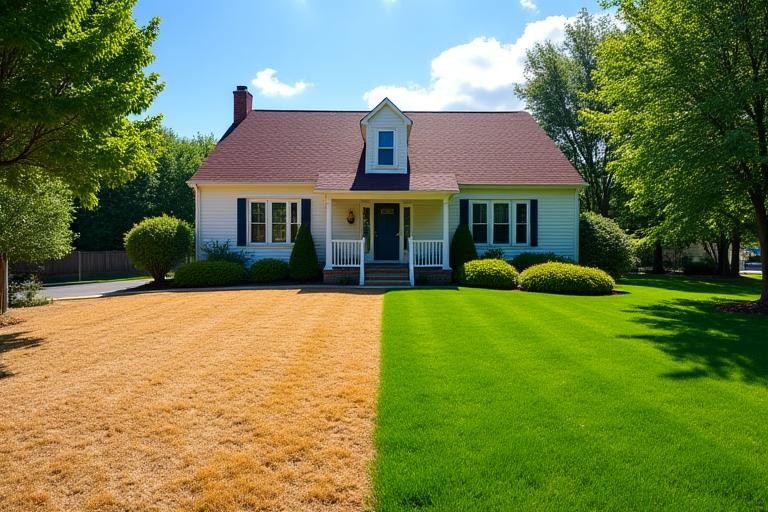 Split comparison showing a traditional, brown, stressed lawn next to a vibrant, green, custom climate-resilient garden thriving during a dry summer in Pennsylvania.