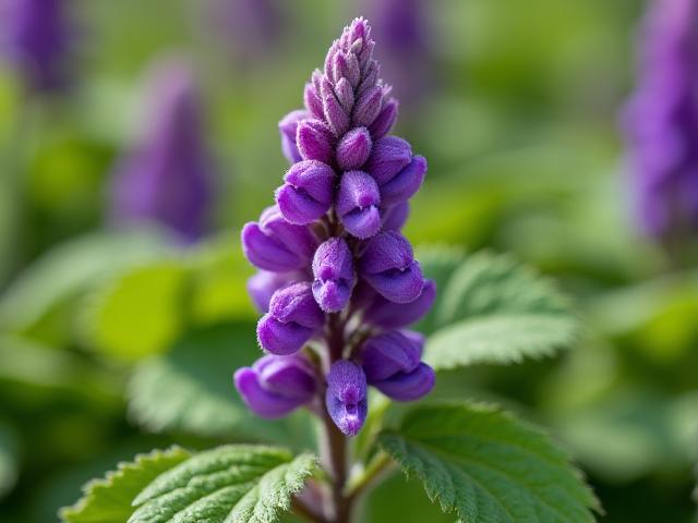 Close-up photograph of deep purple Salvia with thick, textured leaves, thriving in full sun.