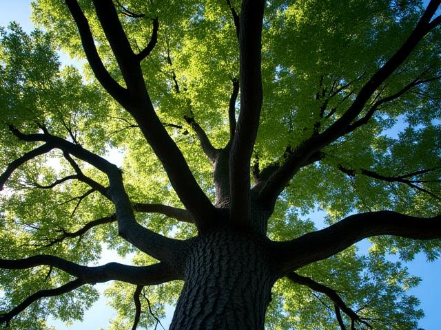 Majestic mature Quercus rubra, Northern Red Oak, providing deep shade over a lawn, photographed from below.