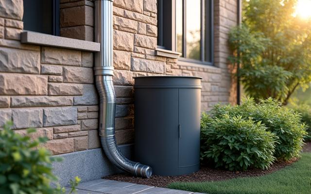 Modern, sleek cistern installed discreetly near a house, collecting water from a downspout.