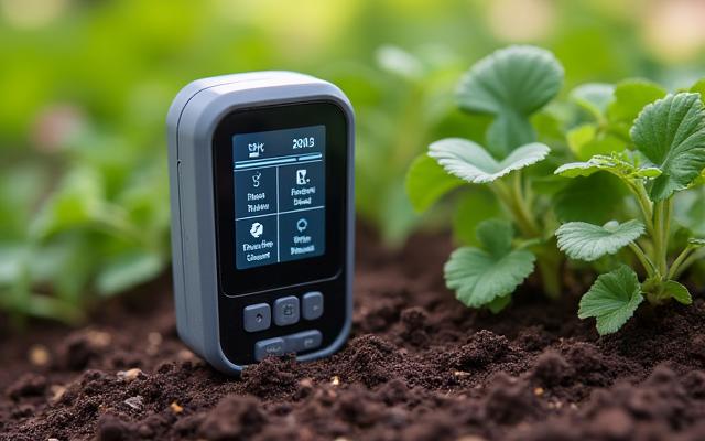 Close-up of a digital smart irrigation controller connected to soil moisture probes in a garden bed.