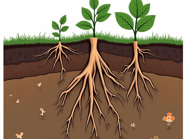 Illustrated cross-section of healthy soil showing deep root penetration, high organic matter content, and active soil microbes.