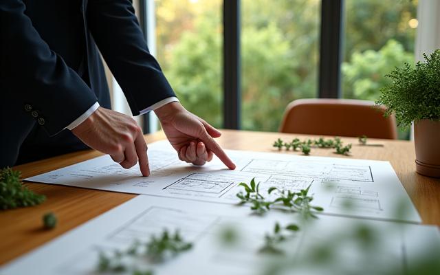 Two landscape architects reviewing botanical blueprints and plant samples on a wooden table, emphasizing collaboration and detailed planning for a major garden project.