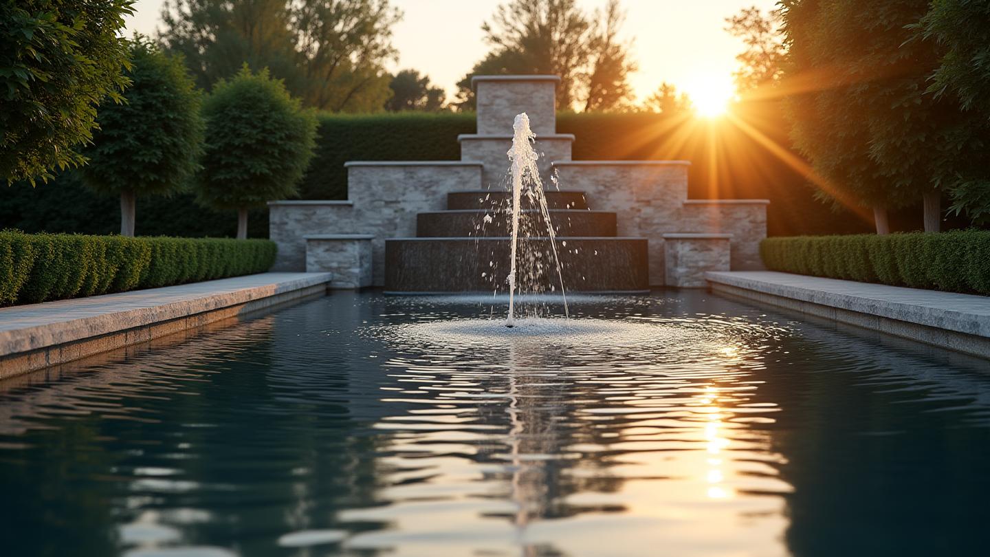 A grand, custom architectural fountain bathed in golden hour light, water cascading over aged stone into a calm reflecting pool, integrated seamlessly with manicured green landscaping.