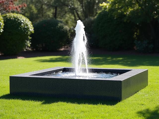 Daytime view of a sleek, dark fountain in a garden, appearing simple and elegant.