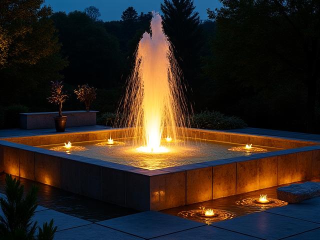 Nighttime view of the same fountain, dramatically illuminated with submerged warm LED uplighting, highlighting the texture of the stone and the movement of the water.