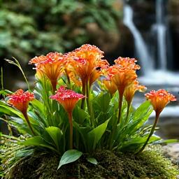 A collection of lush, moisture-loving bog plants, including Pitcher Plants (Sarracenia), thriving in wet substrate near a stream's edge.