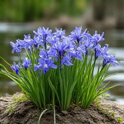 Tall, graceful Iris versicolor (blue flag iris) growing at the shallow edge of a pond.