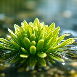 Close-up of oxygenator plants submerged in clear pond water, showing their delicate leaves.