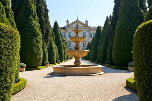 A large, three-tiered classical stone fountain dominating the turning circle of a grand estate driveway, surrounded by clipped hedges.