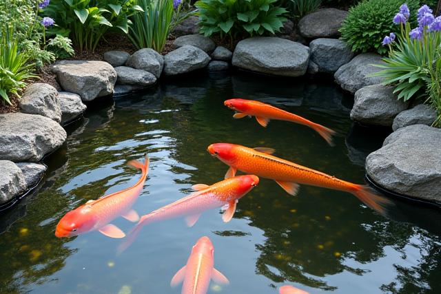 A fully established, crystal-clear koi pond featuring large, colorful koi fish swimming beneath water lilies and near large submerged rocks.
