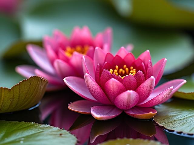 A calm aquatic garden featuring vibrant pink and white water lilies (Nymphaea) nestled among tall rushes and cattails.