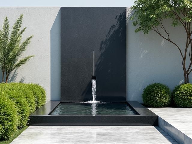 A contemporary, minimalist architectural fountain made of bronze and smooth concrete, water sheeting cleanly downward.