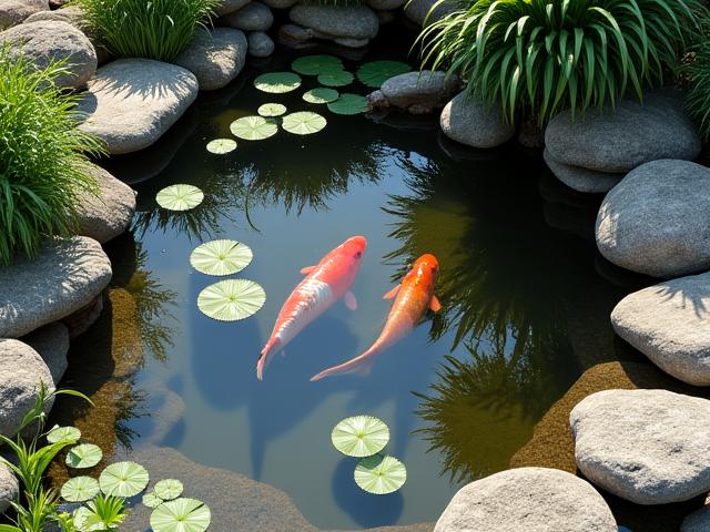 A tranquil, naturalistic koi pond surrounded by large riparian rocks and lush marginal plants, integrated with a gentle stream.