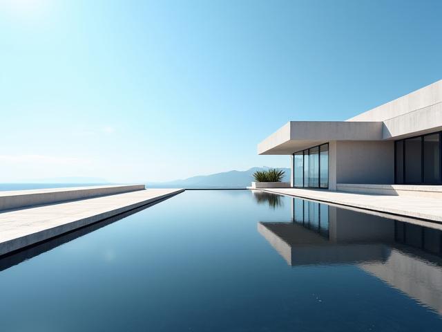 A perfectly still, rectangular reflecting pool mirroring the clear lines of a modern structure and the sky above.