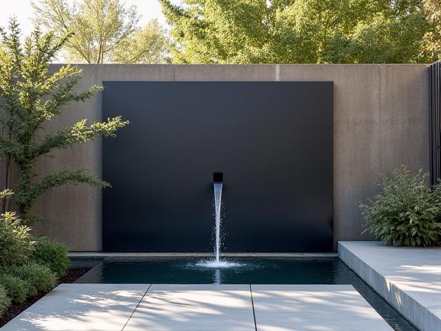 A sleek steel water wall fountain installed on a modern residential courtyard patio, reflecting the sky.