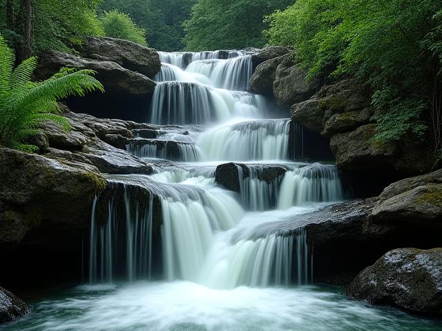 A dramatic, multi-tiered waterfall cascading down natural Pennsylvania fieldstone boulders into a hidden basin, surrounded by ferns.
