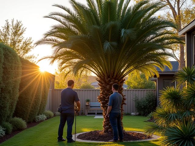Landscape architect carefully supervising the crane placement of a very large, mature palm tree specimen into a prepared planting pit