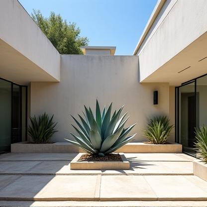 Architectural blue agave perfectly placed in a modern stone courtyard surrounded by river stones