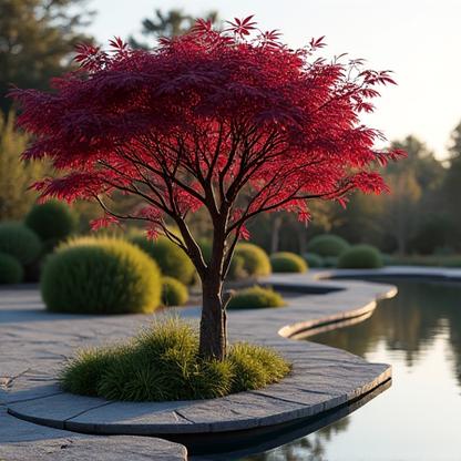 Contrasting Japanese Maple with deep burgundy leaves carefully planted next to a custom water feature