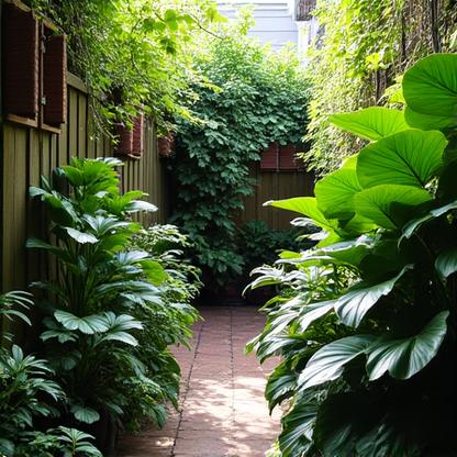 Lush corner of a patio featuring a collection of tropical, large-leafed plants contrasting against a dark wall