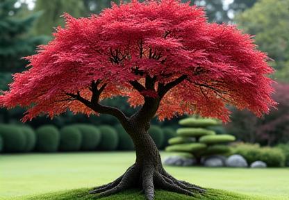 Ancient, contorted Japanese maple with vibrant red foliage, a true specimen tree