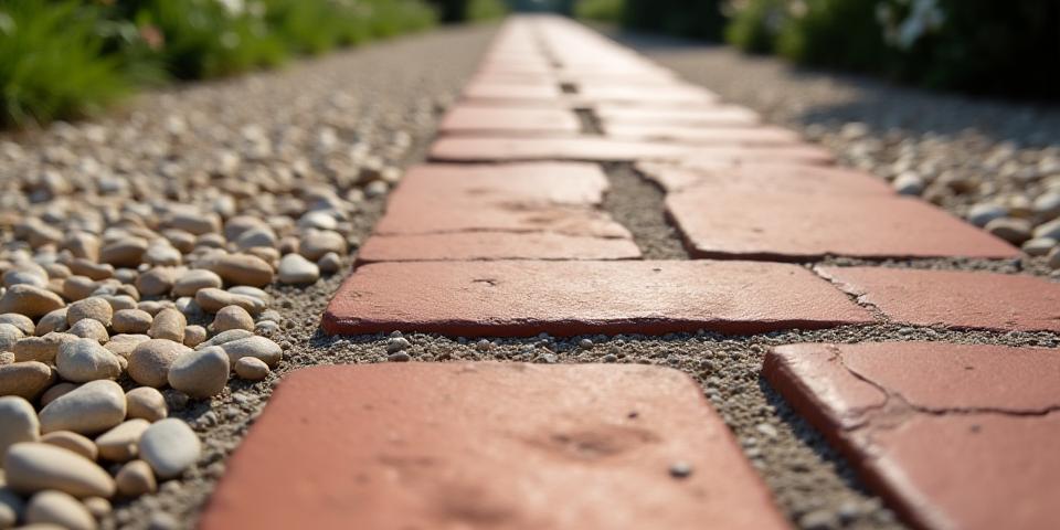 A close-up view of an antique brick pathway restored using the traditional edge-bond method, with the bricks showing natural weathering and a border of period-appropriate crushed gravel.