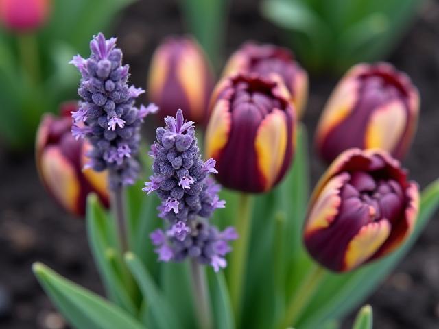 Close-up, detailed photograph of a cluster of heirloom lavender and several varieties of period-appropriate tulips, showing rich texture and antique colors typical of heritage varieties.