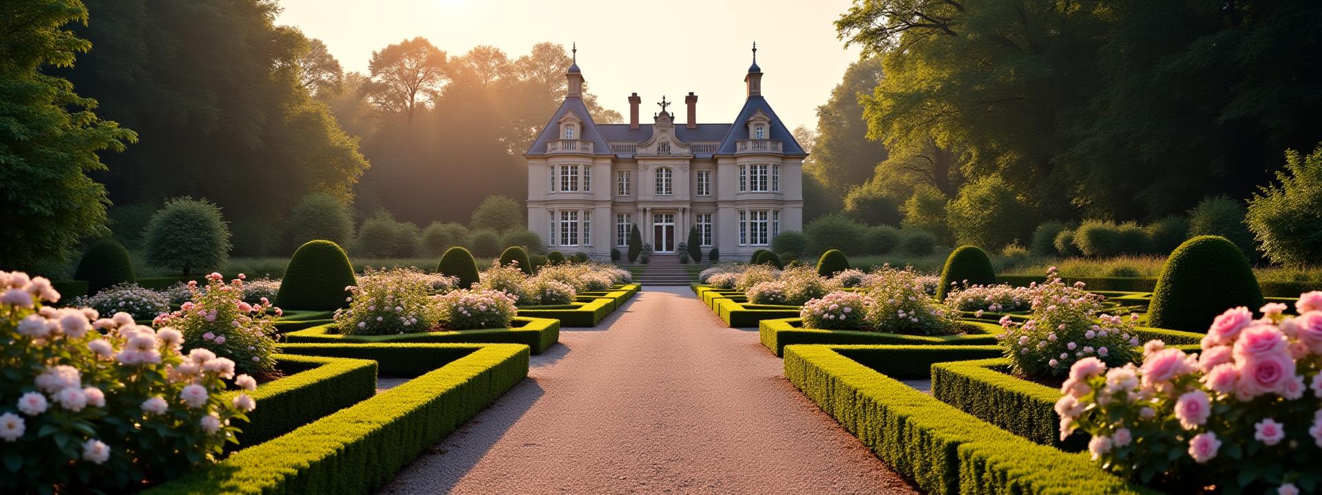 A beautifully restored formal Victorian garden featuring manicured boxwood parterres, gravel paths, and a heritage rose bush in full bloom, with a stately stone historic home visible in the background.