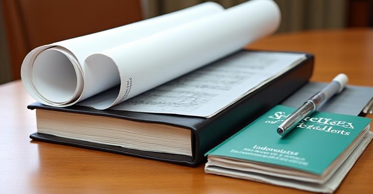 A organized stack of historical planning documents, modern architectural blueprints, and regulatory binders on a mahogany table, symbolizing the coordination required for historic compliance.