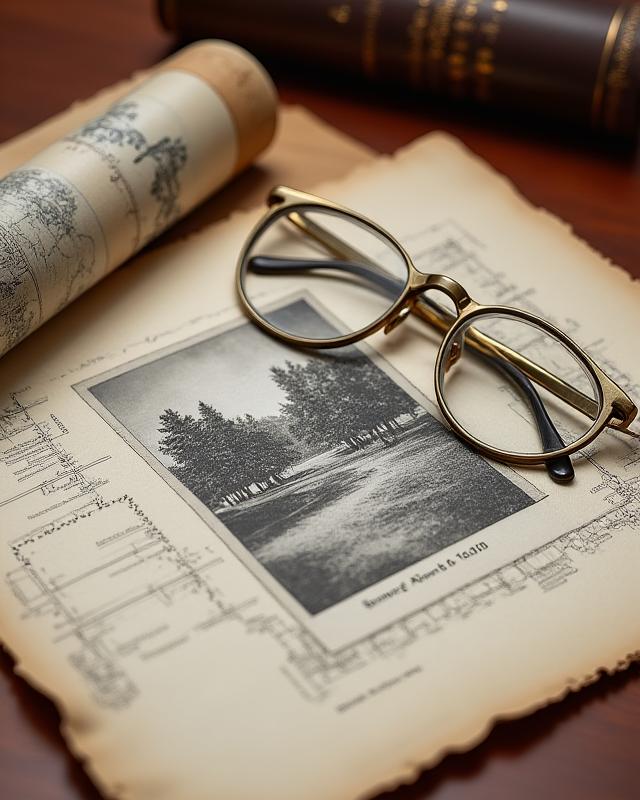 Close-up of historical documents including a faded nineteenth-century garden plan, sepia-toned photographs, and handwritten notes, laid out next to a modern site map and a pair of reading glasses.