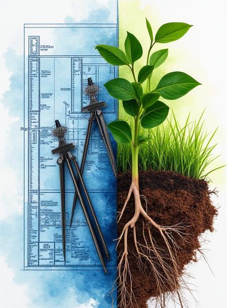Collage of landscape architecture concepts, detailed blueprints, and healthy plants