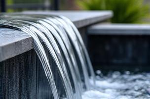 Close-up of clear flowing water over dark natural stone with light reflections