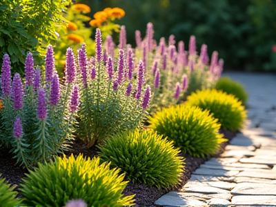 Lush, drought-tolerant perennial garden thriving in full sun