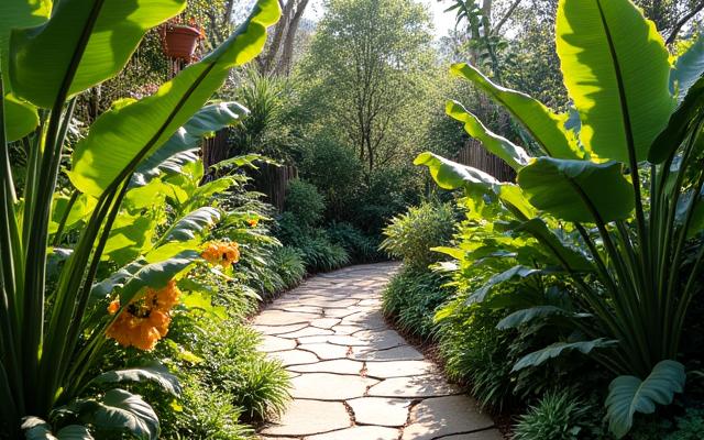 After image of a vibrant, multi-layered exotic plant garden with a stone path.