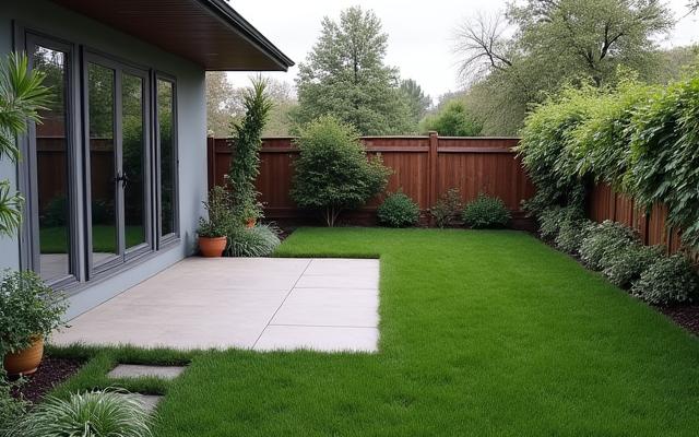 Before image of a bland modern backyard with only lawn grass.