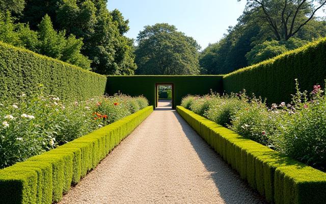 After image of the same garden, now fully restored with crisp edges and historically accurate, thriving plants.