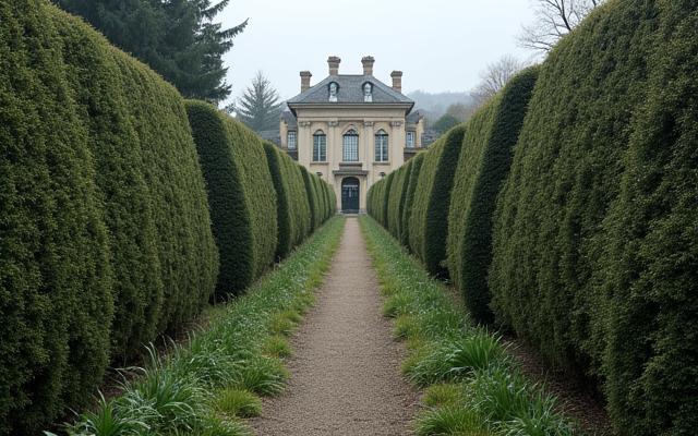 Before image of a neglected historic garden with overgrown, unhealthy plants.