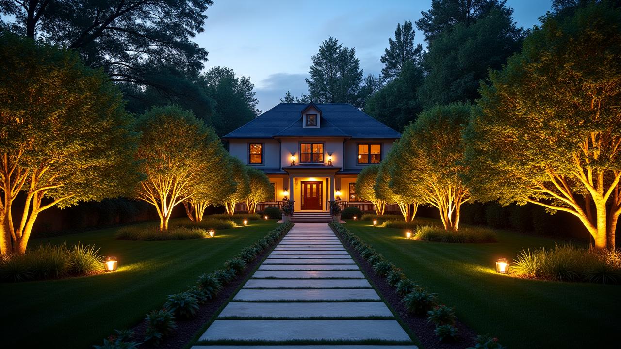 Interactive visualization contrasting a dimly lit, dark garden with the same scene beautifully illuminated by professional landscape lighting, emphasizing dramatic transformation at night.