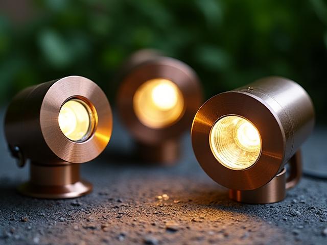Close up photograph of high-quality brass and copper low-voltage LED landscape lighting fixtures