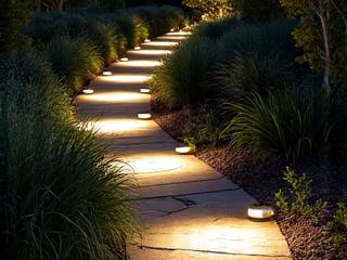 Low-level path light fixtures gently illuminating a garden walkway