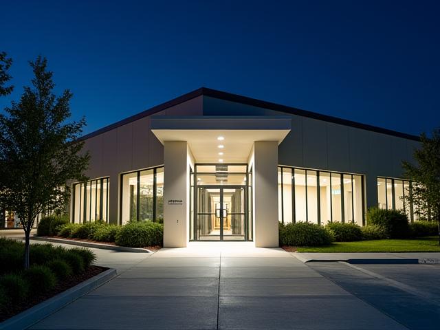 Perimeter and security lighting emphasizing boundaries and safety around a commercial property at night.